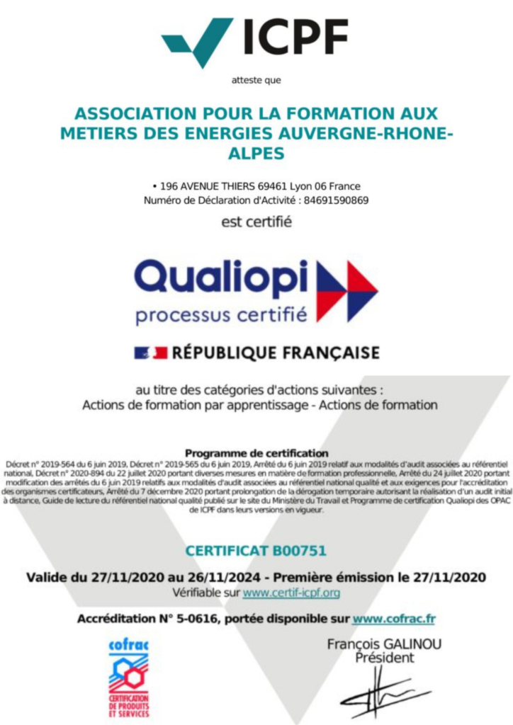 Certification Qualiopi qui certifie que les formations du CFA des Métiers des Énergies sont bien conformes